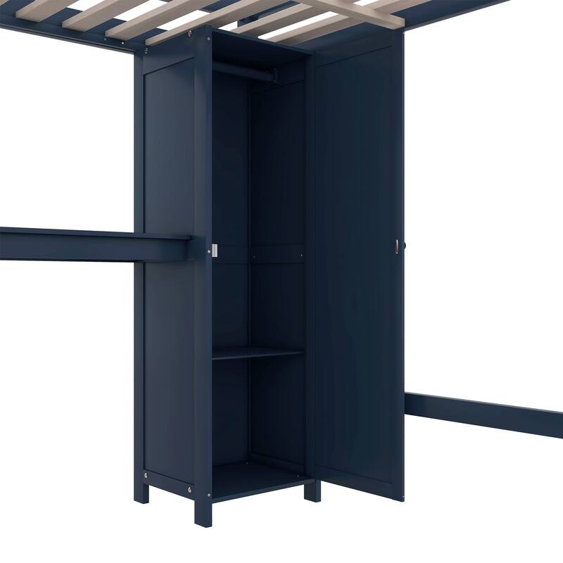 Full Size Pine Wood Loft Bed with Cabinet and Bookshelf, Wardrobe and Desk for Kids