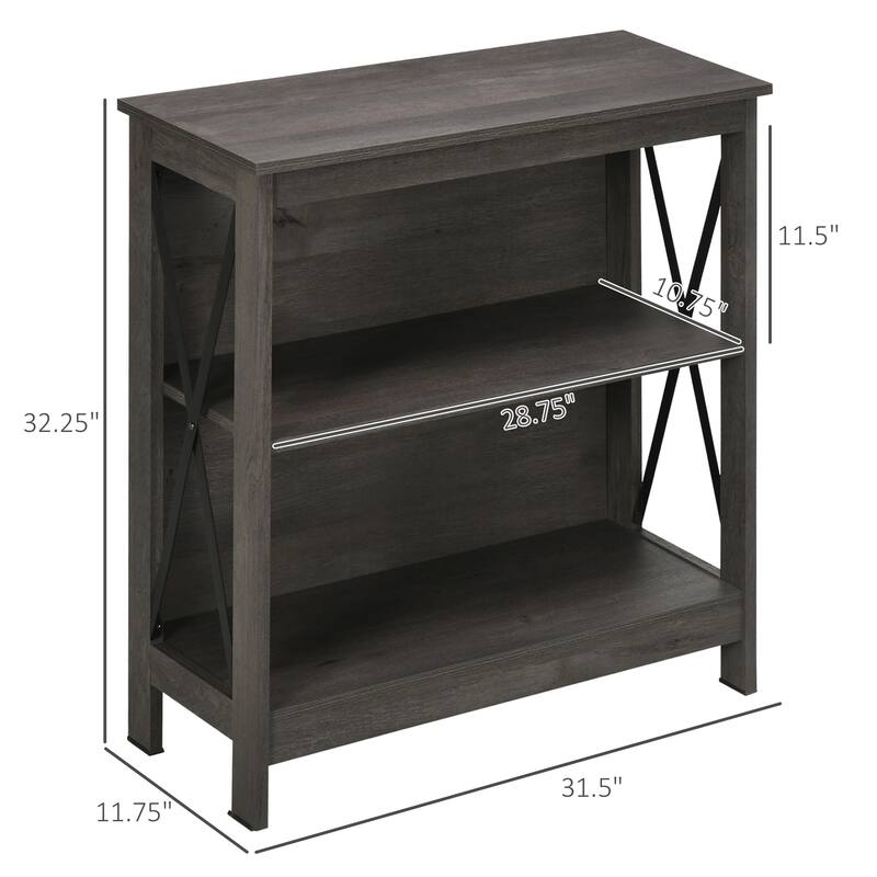 Industrial Style Corner Open Bookshelf with Storage Shelves and Metal X Bar Frame for Living Room