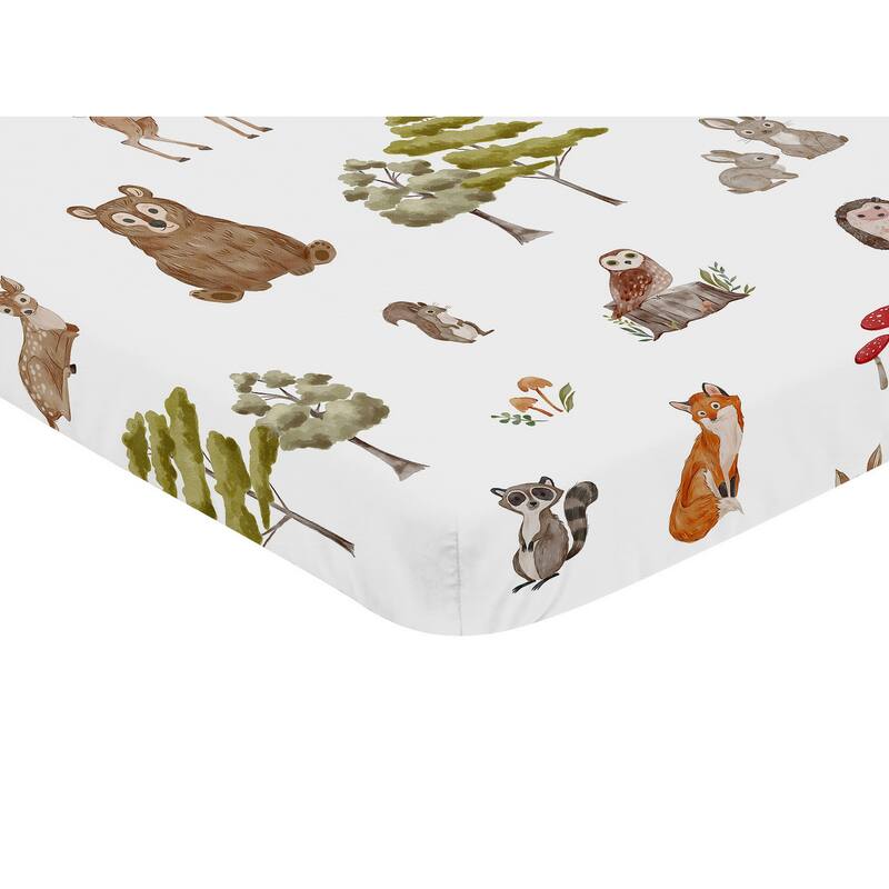 Sweet Jojo Designs Woodland Forest Animals Boy Girl Gender Neutral Unisex Fitted Mini Portable Crib Sheet Friends Bear Fox Deer