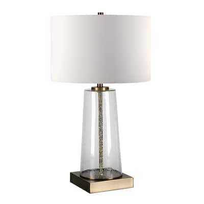 27'' Transitional Brass & Clear Glass Table Lamp with White Fabric Drum Shade - 15" x 15" x 27"