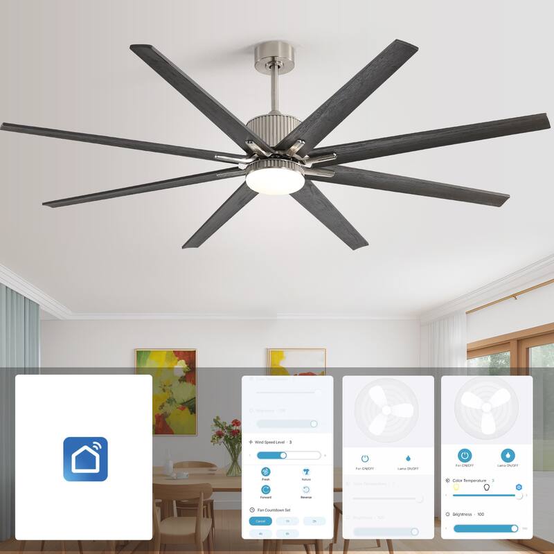 52"/66"/72"/76 Inch Modern Ceiling Fan with Dimmable LED Light ,Remote&APP Control,8 Blades for Large Living Room,Porch