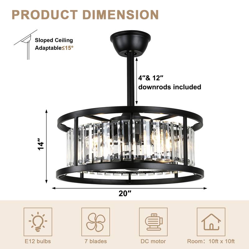 Bella Depot 20" Modern Glass Caged Ceiling Fan with Light and Remote 6-Speed Reversible DC Motor