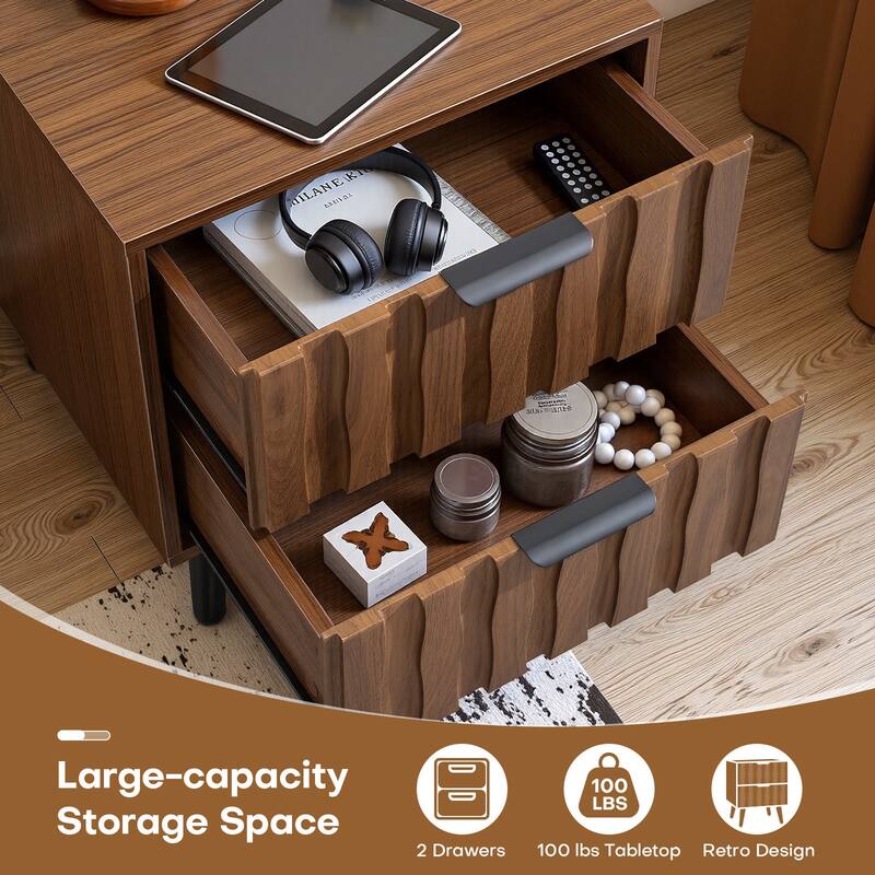 Mid-Century Modern Nightstand, Fluted End Table Drawer & Open Storage