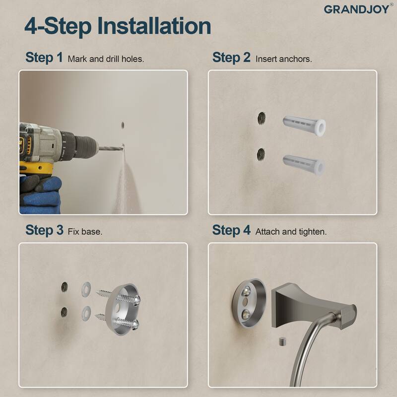 GRANDJOY 4-Piece Stainless Steel Bathroom Hardware Set with Wall Mount Double Towel Bar