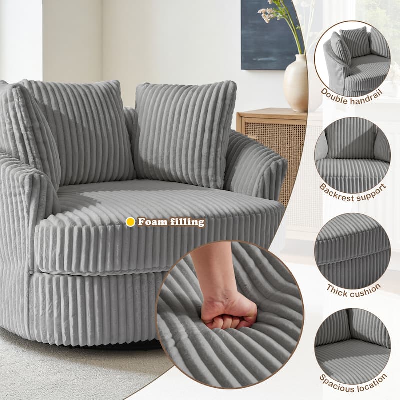Oversized 43" W Corduroy Slipcovered Swivel Barrel Chair with Pillows Set of 2