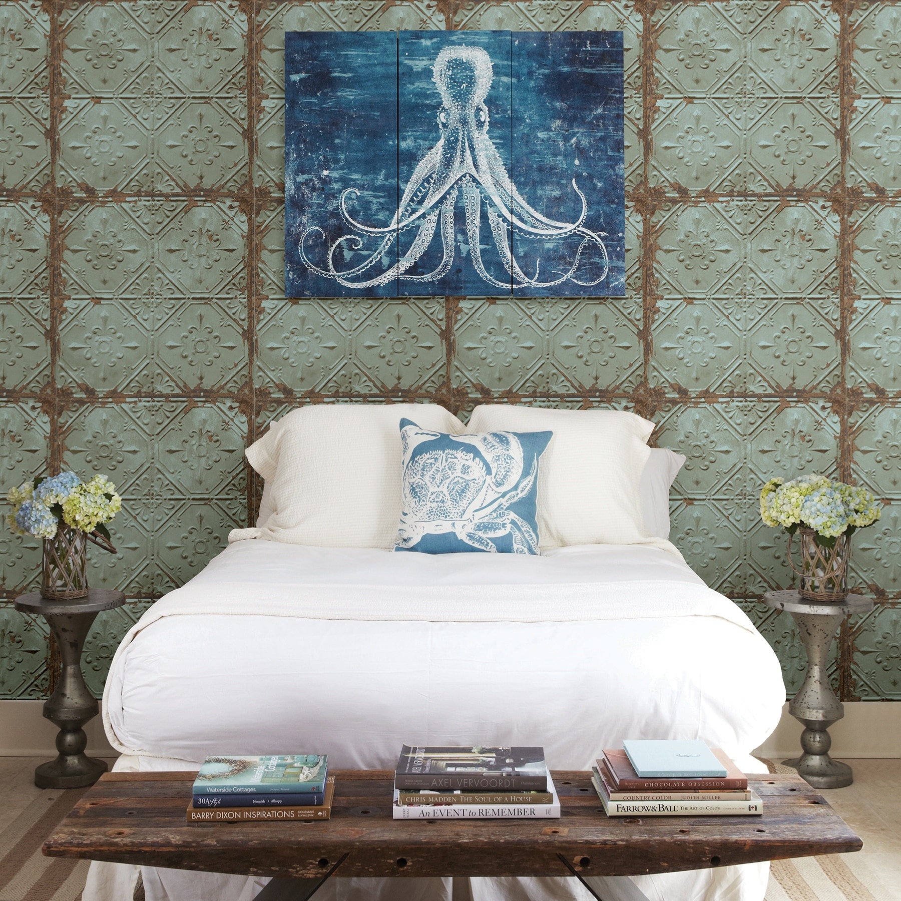Soledad Tin Ceiling Distressed Tiles 33 Ft L X 20 5in W Wallpaper Roll Overstock 32207993 You are going to start installing your ceiling by lining up your first tin ceiling wallpaper panel to a corner. overstock com