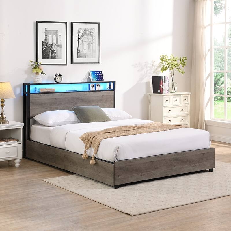 Noise Free Metal Bed Frame with 4 Drawers, Wooden Headboard, LED Lights, Charging Station, Easy Assembly - Antique Gray - Full
