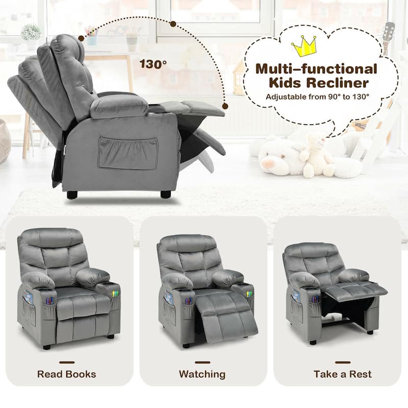 Gymax Kids Youth Recliner Chair Velvet Fabric w/Cup Holder & Side