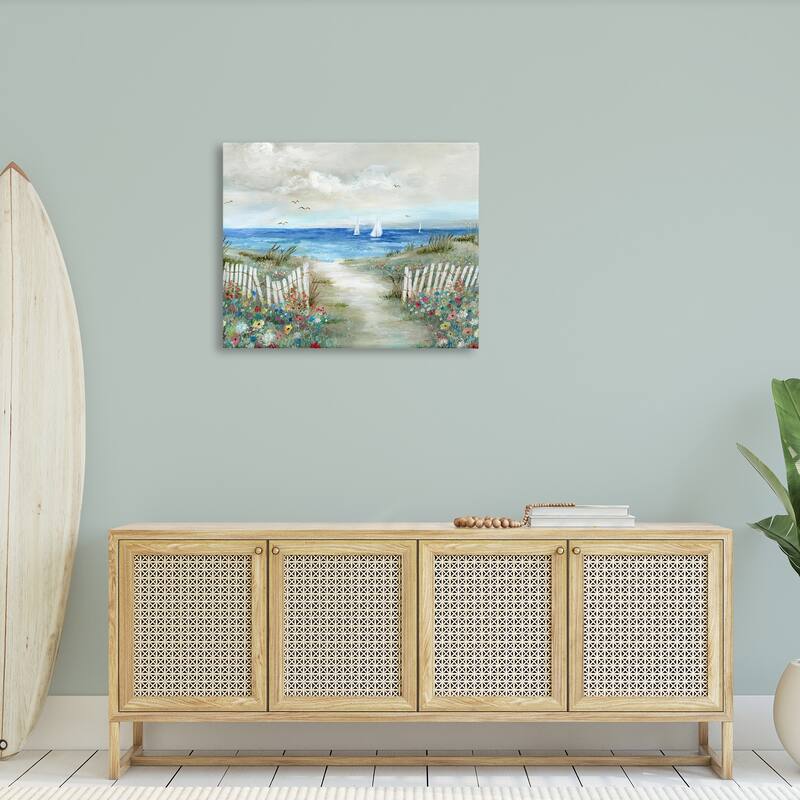 Stupell Gorgeous Beach Scene Poppies Blooming White Fence Ocean Canvas Wall Art