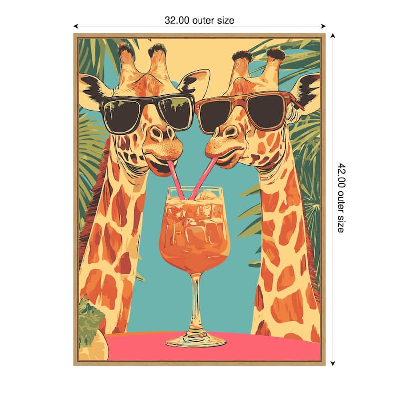 Giraffes Sharing a Drink by Andreas Magnusson Framed Canvas Wall Art - 32 x 42 in
