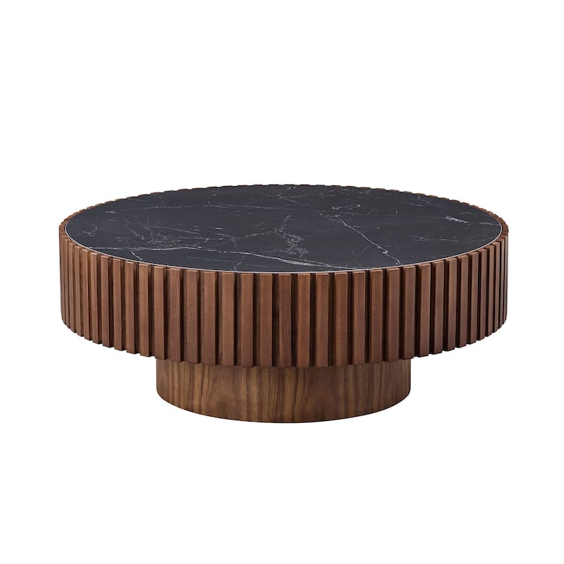 Luxury Round Coffee Table with Faux Marble Top, 35.43" Modern Low Drum Shape Cocktail Table for Living Room, Reception Room