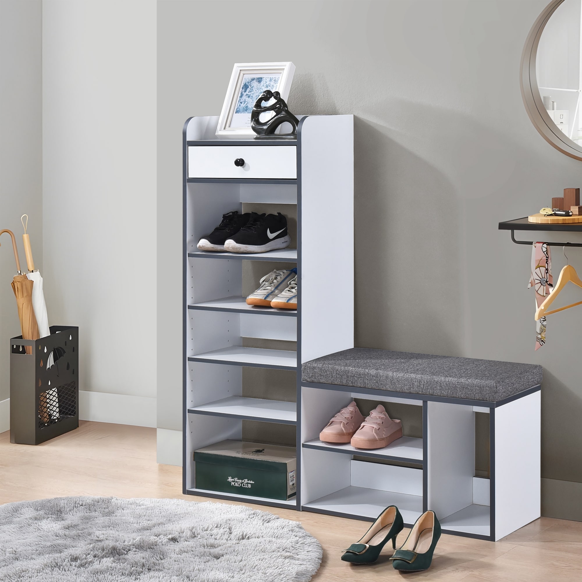 Entryway Shoe Storage Bench with Cushion, Open Shelving and Drawer Organizer, Space-Saving Shoe Rack for Hallway