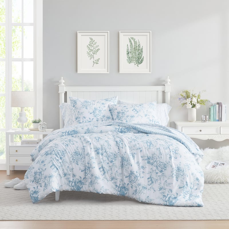 Laura Ashley Delphine Floral Reversible with Stripe Reverse Comforter Set with Sheets (Blue)