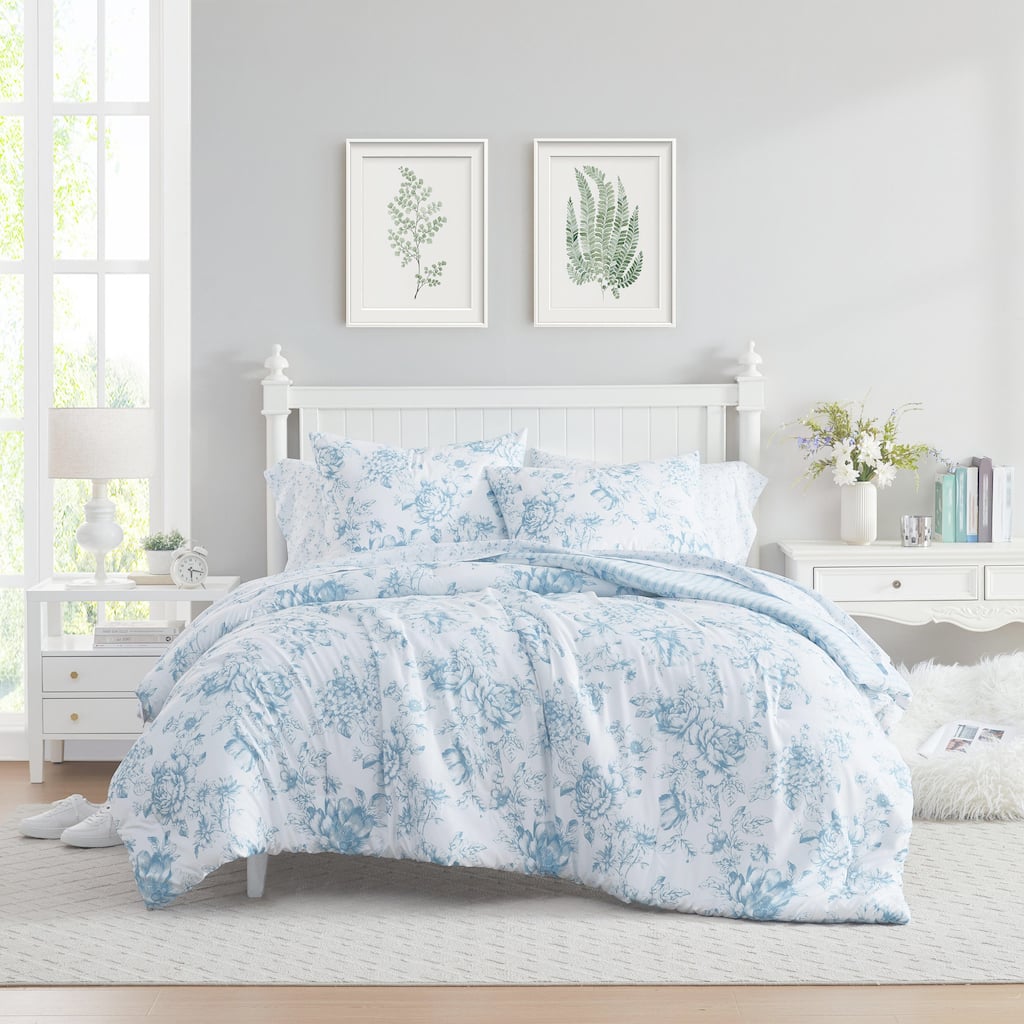 Laura Ashley Delphine Floral Reversible with Stripe Reverse Comforter Set with Sheets (Blue)