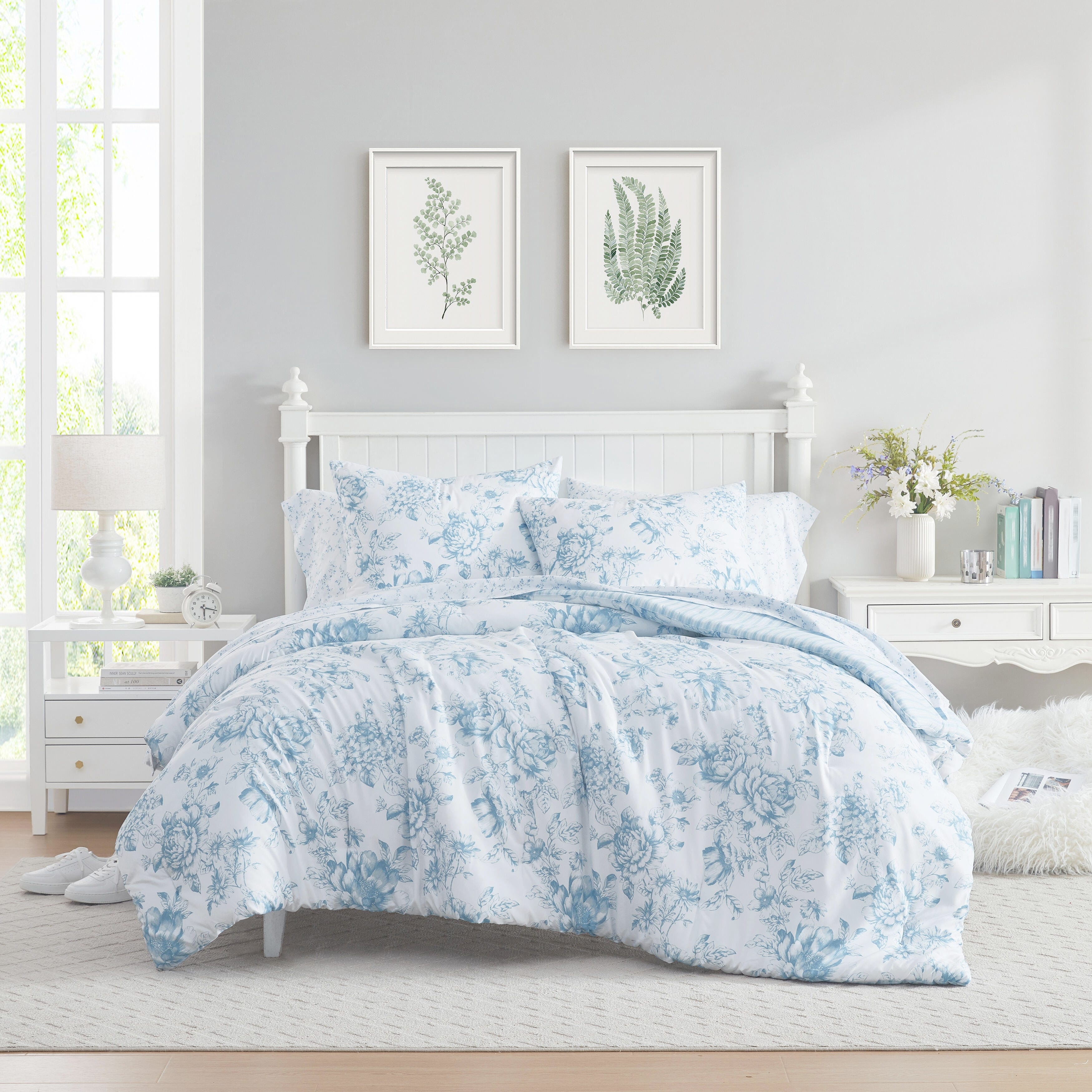 Laura Ashley Anja Textured Toile Reversible Blue Comforter Bonus