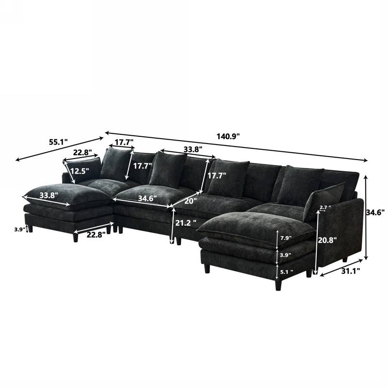 140.9" U-shaped Cashmere Modular Sectional Sofa with 2 Movable Ottomans