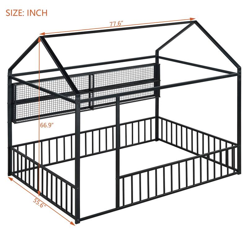 Full Size Metal House Bed Frame with Built-In Grid Shelves, Playful Canopy Design and Space-Saving Storage