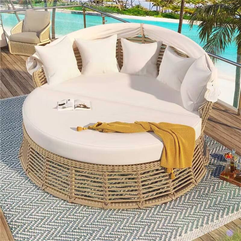 Outdoor Patio Rattan Round Daybed with Retractable Canopy