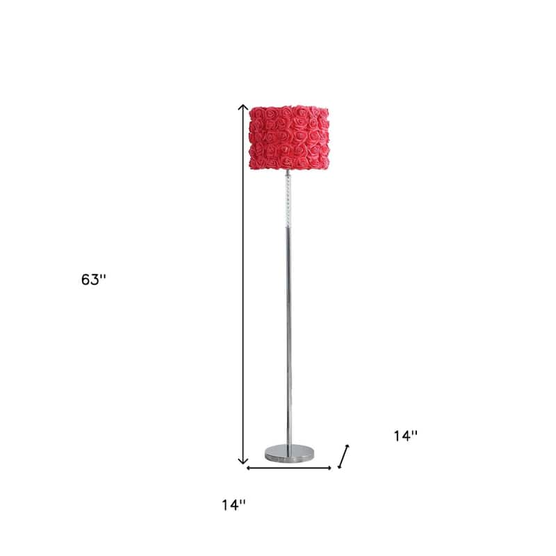 Silver Steel Novelty Floor Lamp with Rose Drum Shade and In Line Switch - 14” x 14” x 63” (D x W x H)