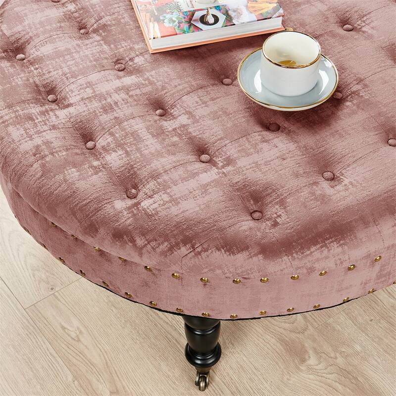 Round Velvet Tufted Coffee Table Ottoman, 34" x 34" x 17" H