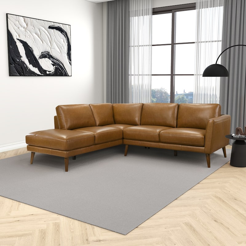 Bloom Living Room Corner Genuine Leather Sectional Sofa - Tan - Left Facing