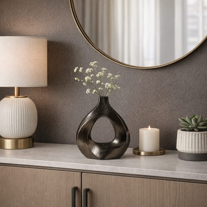 Artistic Metal Swirl Vase with Cut Out Center - Sculptural Flower Vase