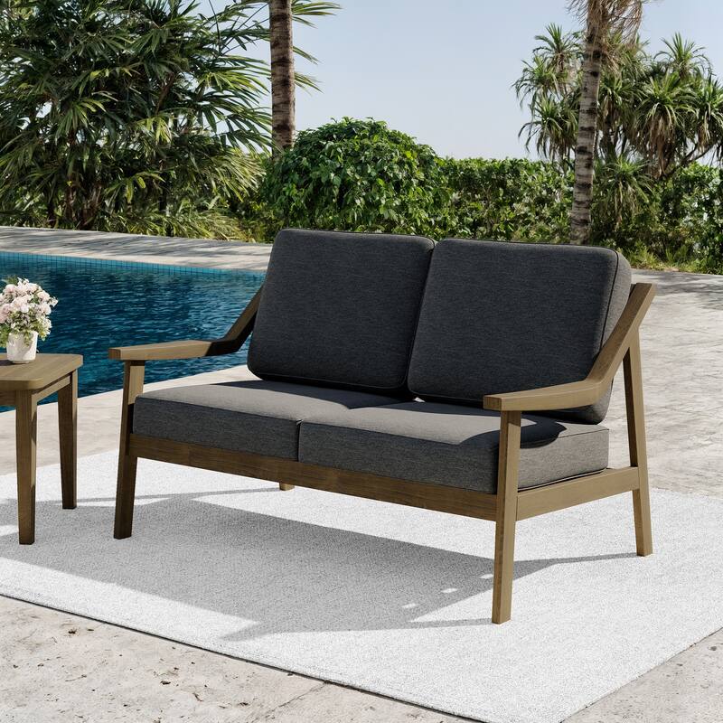 Outdoor Teak Wood Slat Back Patio Loveseat Sofa - NaturalFrame-Dark Grey