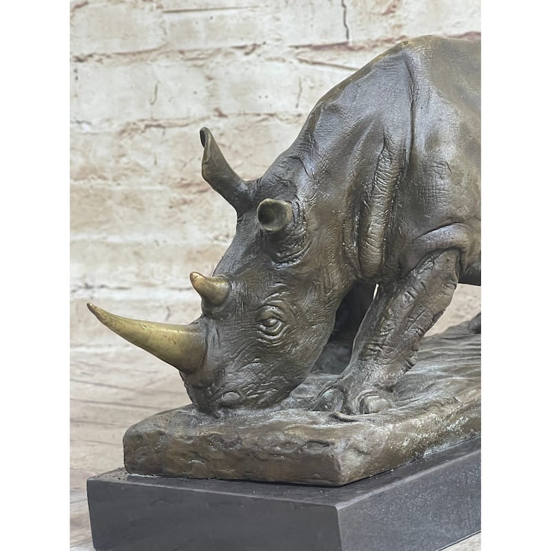 Bronze Metal Rhinoceros Rhino Statue Sculpture Figure Marble Base Barye Art 9 Inches X 14 Inches