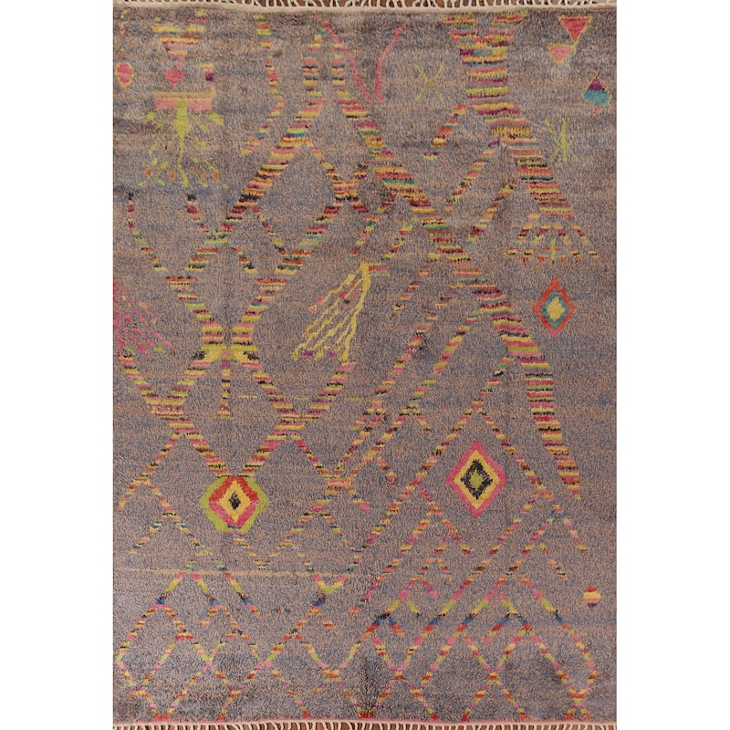 Blue & Brown Plush Moroccan Oriental Area Rug Handmade Wool Carpet - 8'9"x 12'6"