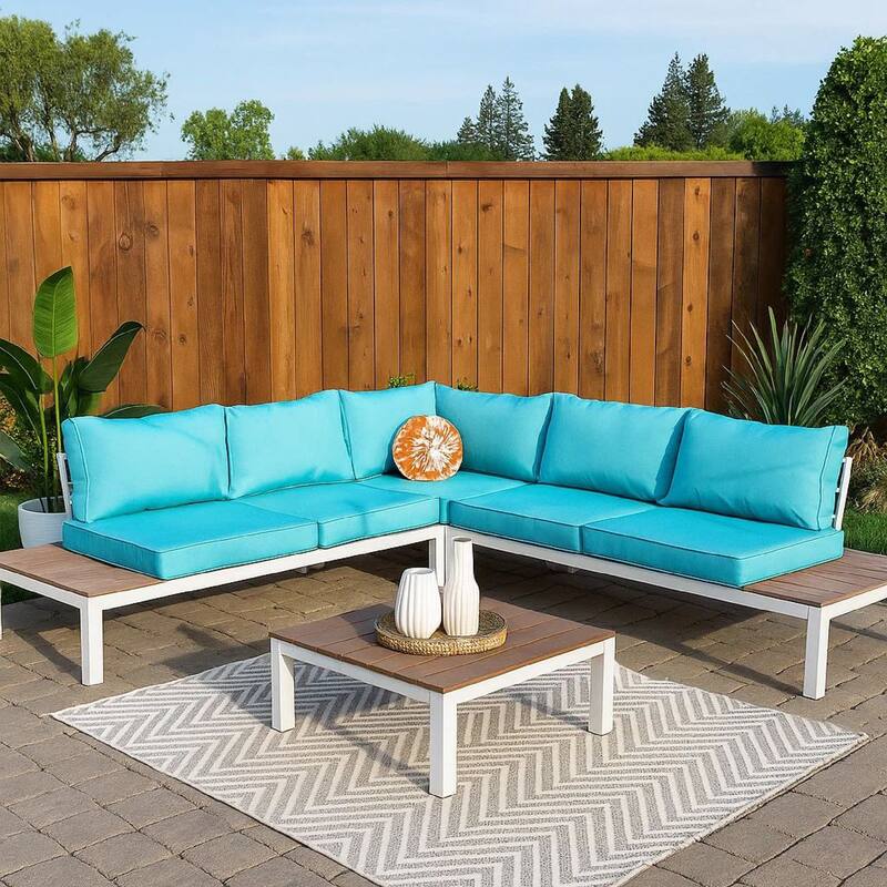 L Shaped Dual Tone Patio Sectional with Box Cushioned Seat, Blue and White