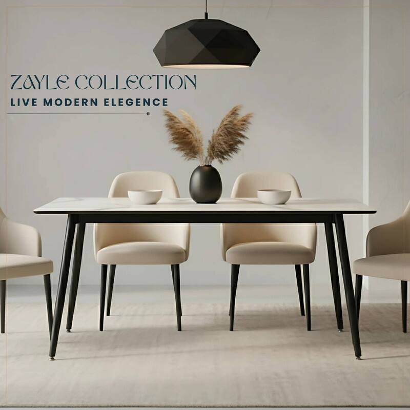 Zayle Rectangular Dining Table with Glass/Sintered Stone Tabletop in Steel