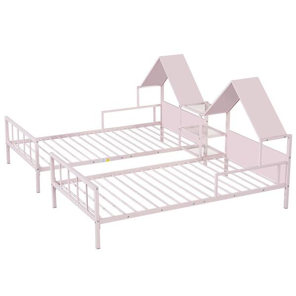 slide 2 of 15, House Design Double Twin Size Metal Platform Bed with Built-in Nightstand Pink