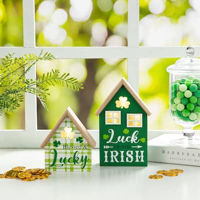 Glitzhome 8.5"H Set of 2 Lighted St. Patrick's Wooden House-shaped Table Decor