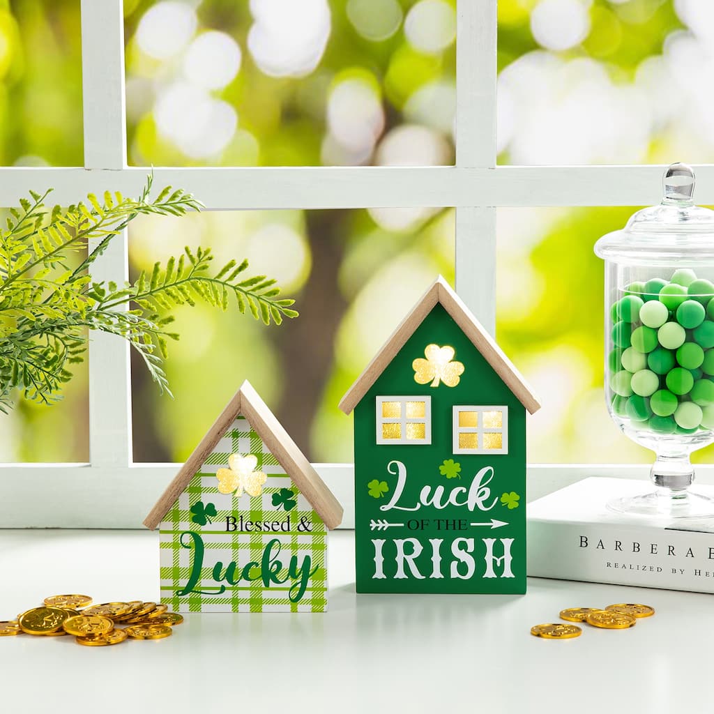 Glitzhome 8.5"H Set of 2 Lighted St. Patrick's Wooden House-shaped Table Decor