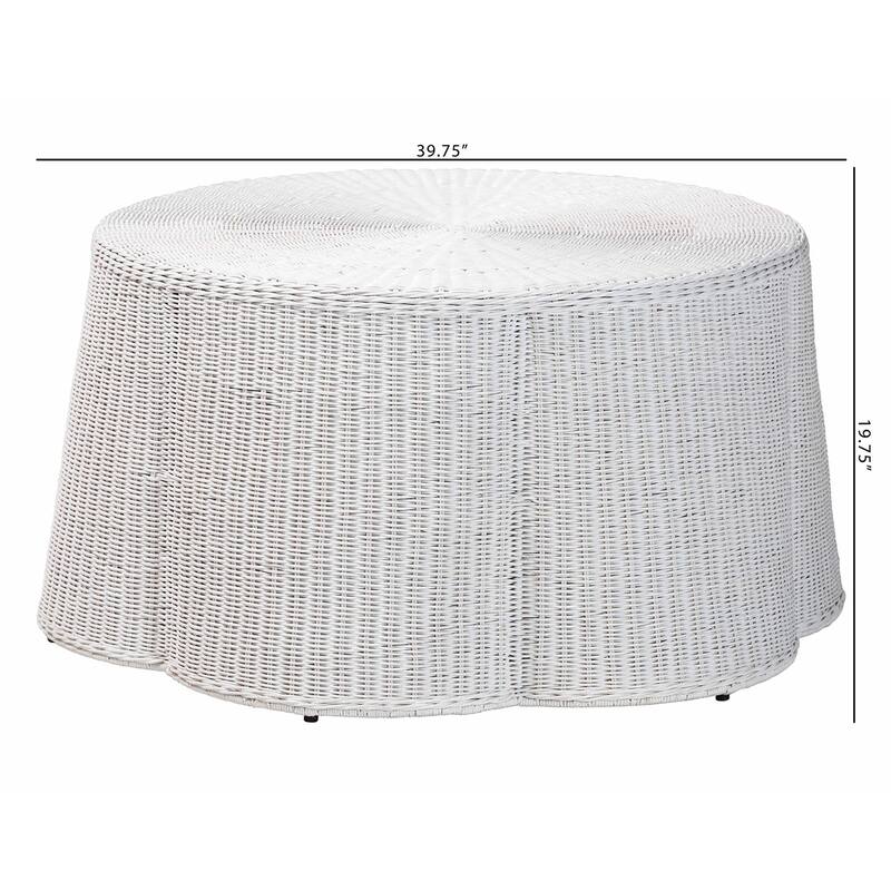 Palm Scalloped Rattan Coffee Table - Handwoven Wicker Round Accent Table for Living Room Patio or Sunroom, Coastal Style