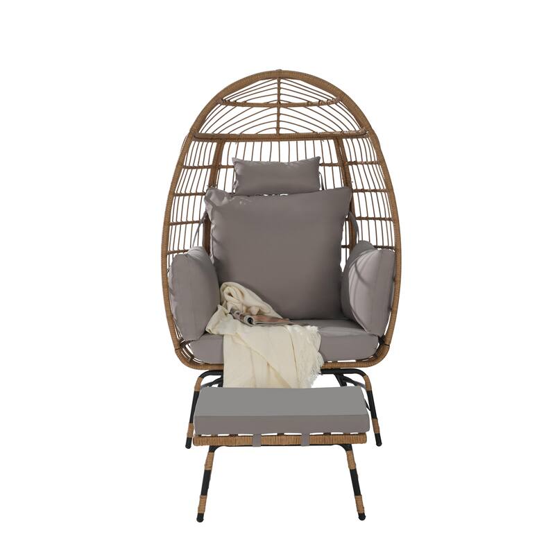 2-Piece Oversized Outdoor Rattan Wicker Egg Chair with Ottoman