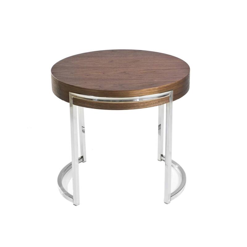22 in. Brown and Chrome Round Wood End Table, Sturdy Build End Side Table for Living Rooms