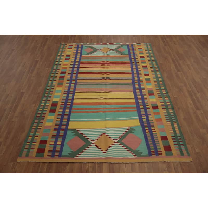 Hand Woven Oriental 100% Wool Carpet Southwestern Modern Multi-Colored Kilim Area Rug - 9' 10'' X 7' 0''