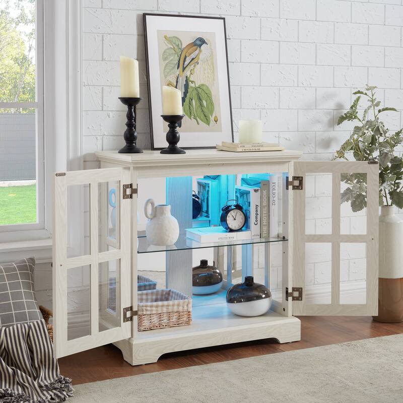 Retro Display Cabinet with Lattice Doors, Adjustable Shelve and LED Lights