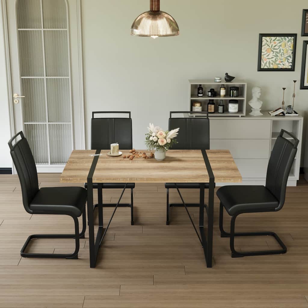 Modern Rustic Industrial Style Dining Table Set Armless Dining Table Set with C-Shaped Base Chair, for Kitchens, 4-Piece Set