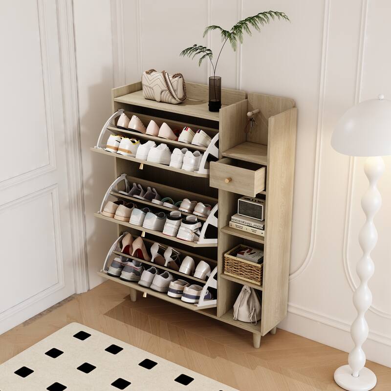 Shoe Rack Cabinet with 3 Rattan Flip Drawers,3 Square Shelves,1 Storage Drawer,Shoe Organizer with Mulit Storage Space and Hooks
