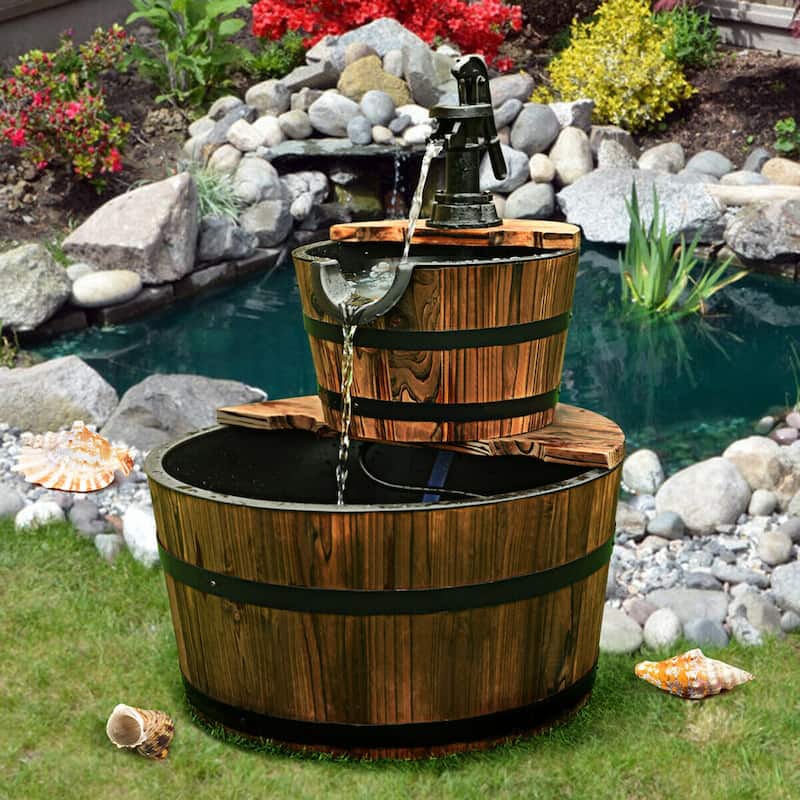 Costway 2 Tier Barrel Waterfall Fountain Barrel Wooden Water Fountain