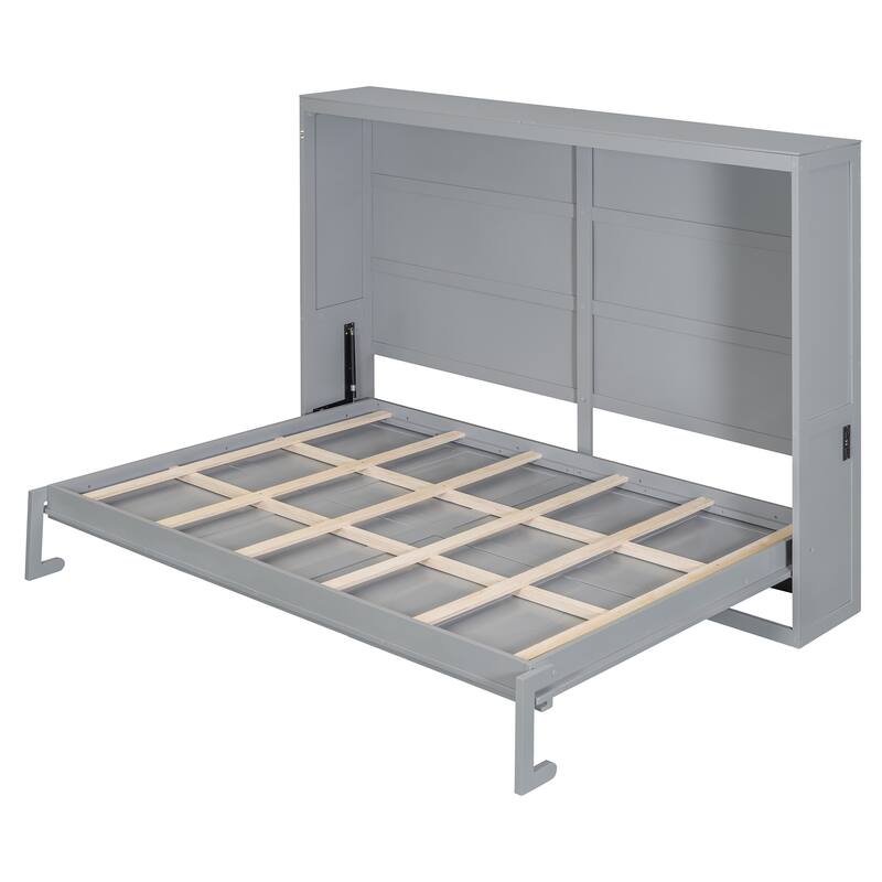 Queen Size Foldable Wall Bed with Space-Saving Cabinet, Gray
