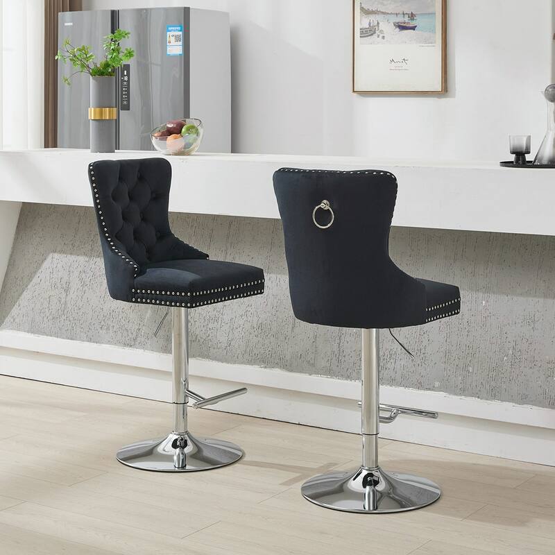 2PCS Swivel Adjustable Height Tufted Bar Stools With Silver Leg