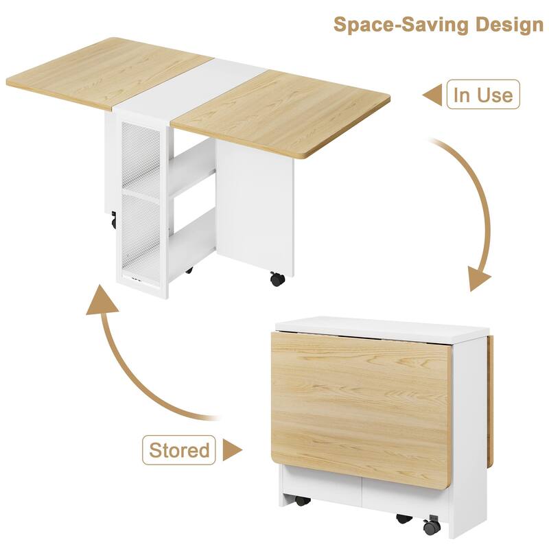 50.1inch Modern Extendable Dining Table with Drop Leaf and 2 Storage Racks - 50.1"D x 31.4"W x 29.5"H