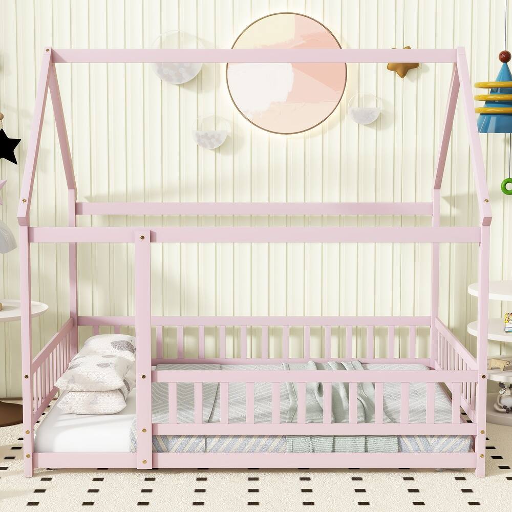 Full Size Rubber Wood Canopy Bed with Roof Frame and Safety Guardrails