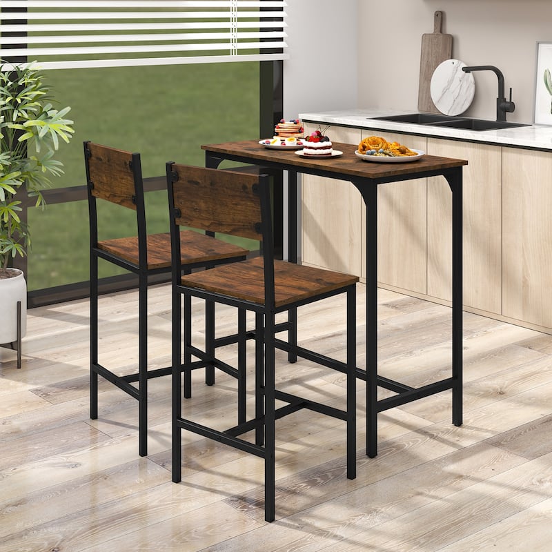 3 Pcs Bar Table Set with Chairs Backrest Footrest for Small Dining Space - 35.5" x 18" x 35"