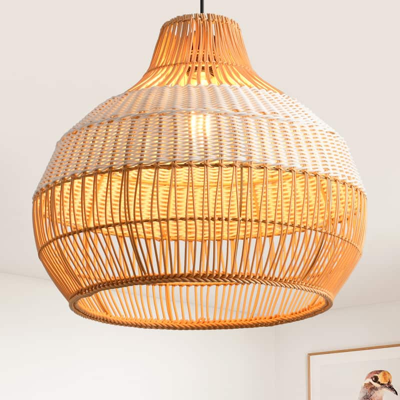 17" Bohemian Round Woven Wicker Adjustable Pendant Hanging Light for Dining Room