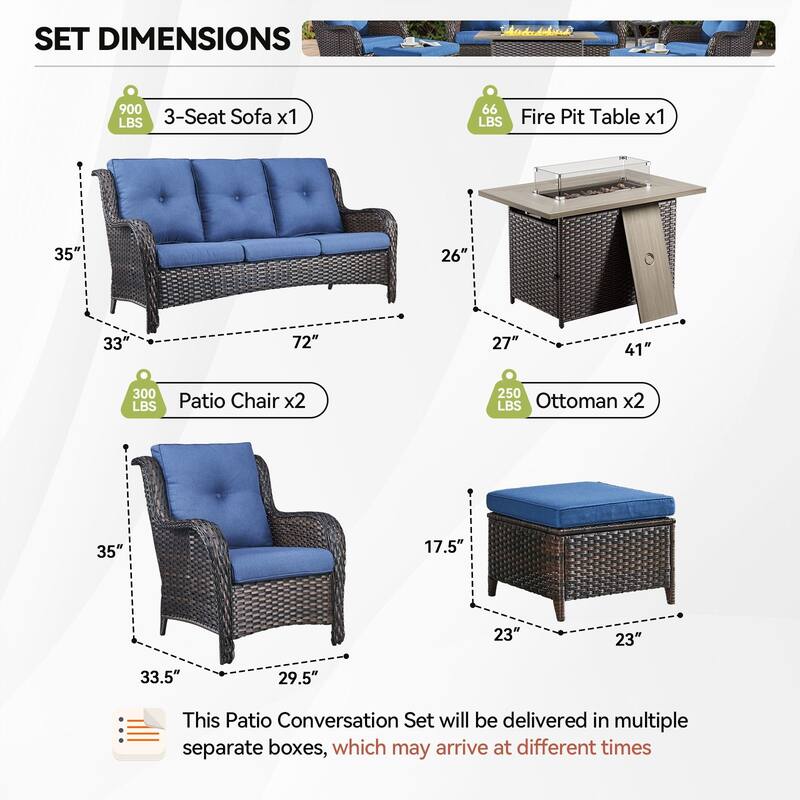 Fire Pit Table with Patio Sofa Chairs and Ottomans