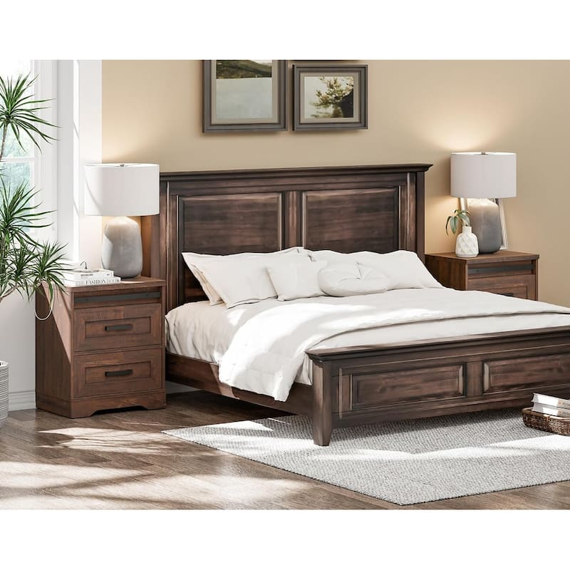 WAMPAT Set of 2 End Table with Power Outlets & USB Ports - Brown